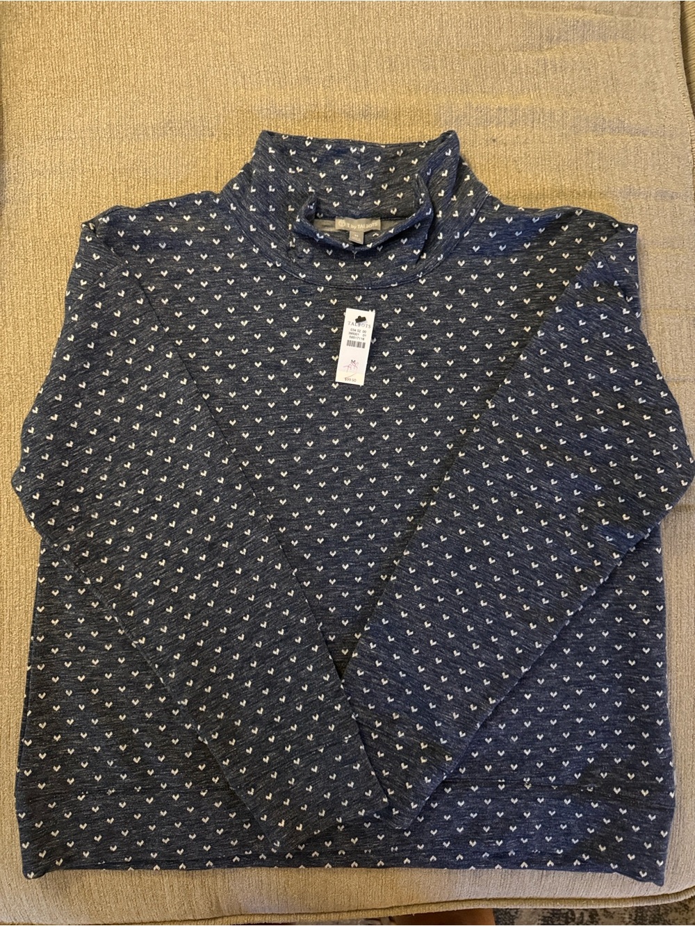 NWT Soft Cozy T by Talbots Navy Long-Sleeve Top with White Heart Print